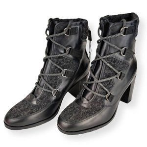 Napoleoni Italy Black Leather Wool Accent Closed Toe Lace Up Ankle Boot
